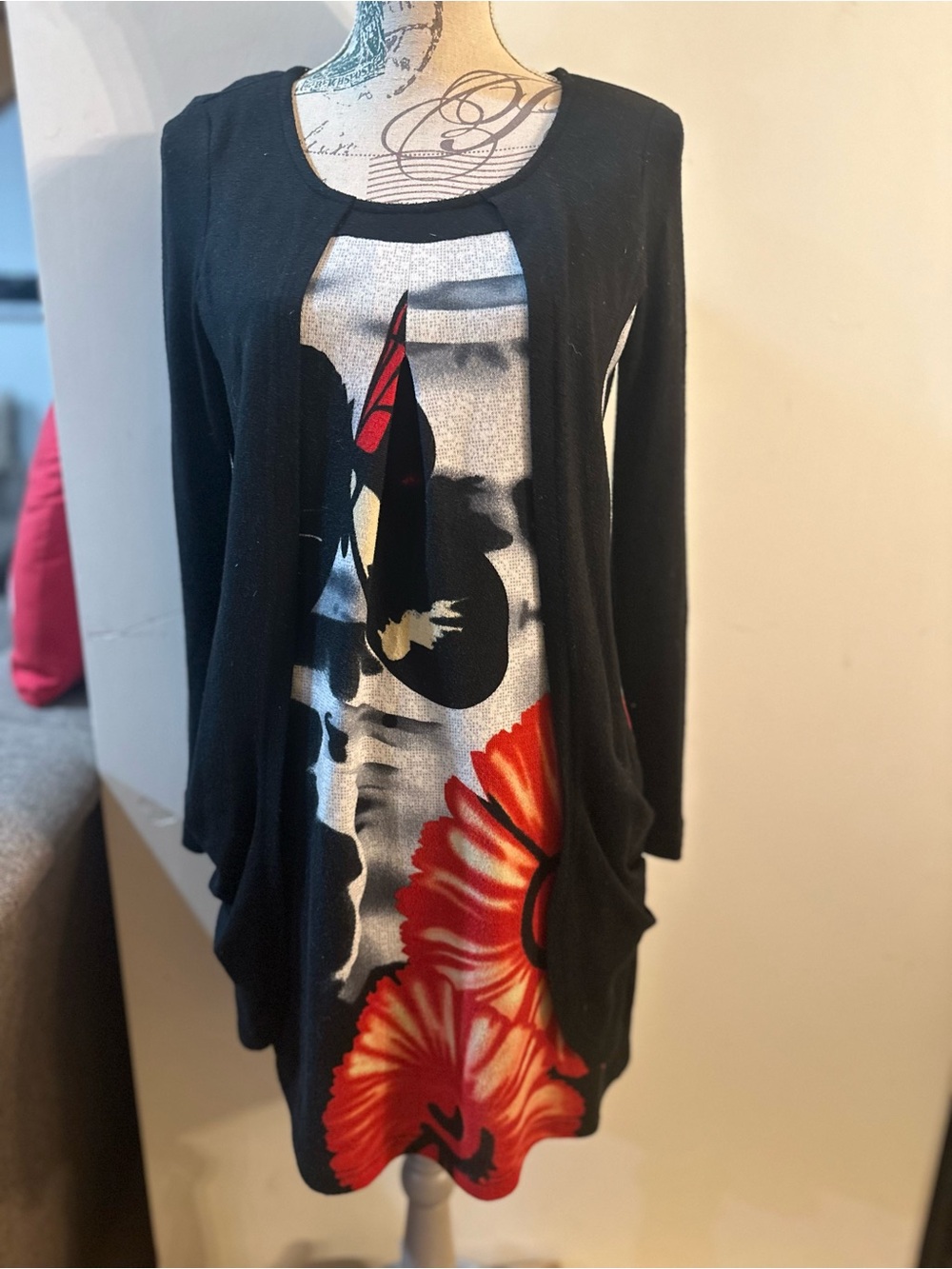Black Floral Print Layered Women's Sweater Dress